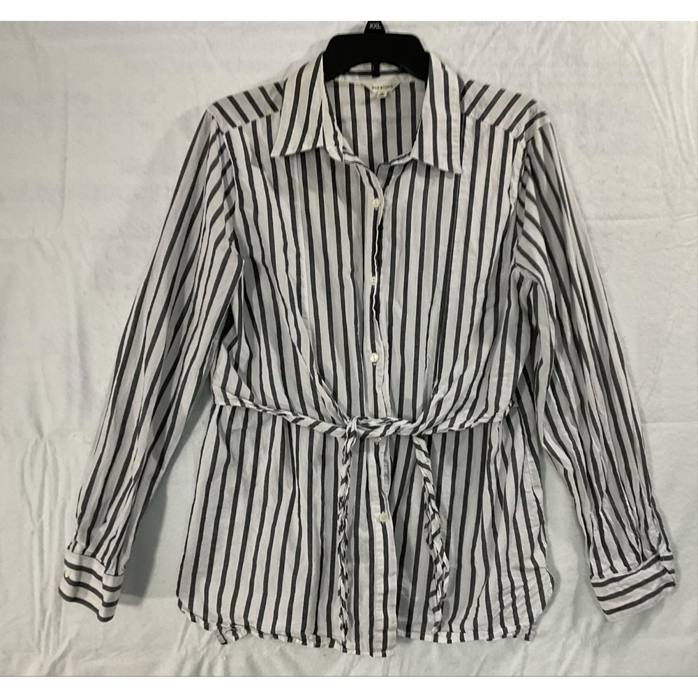 Max Studio Shirt Womens XL White Black Stripe Button Front Long Sleeve Tie Waist